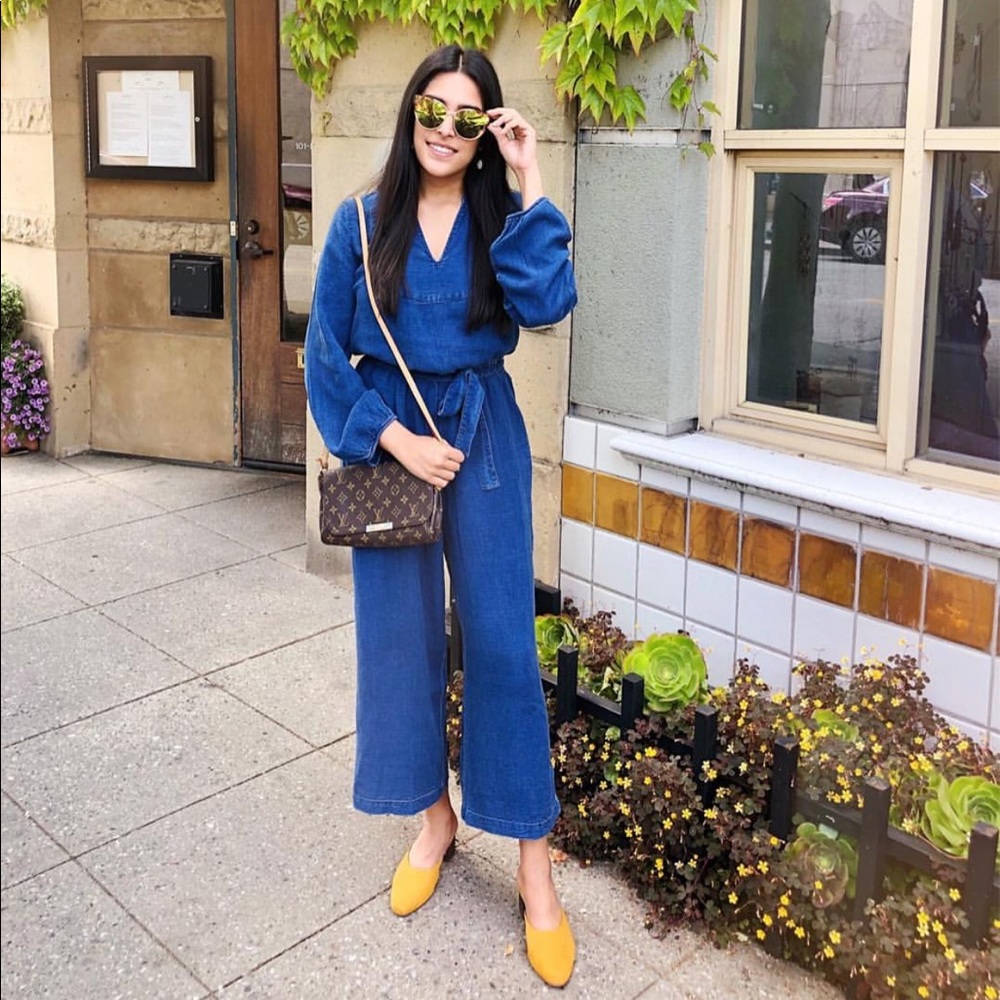 Blue tie waist jumpsuit
